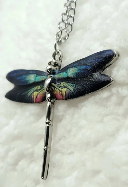 Small Silver Dragonfly Necklace with Blue & Turquoise Shades on Wings, Nature Themed Necklace, Bug Jewelry, Insect Necklace