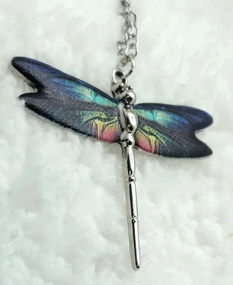 Small Silver Dragonfly Necklace with Blue & Turquoise Shades on Wings, Nature Themed Necklace, Bug Jewelry, Insect Necklace