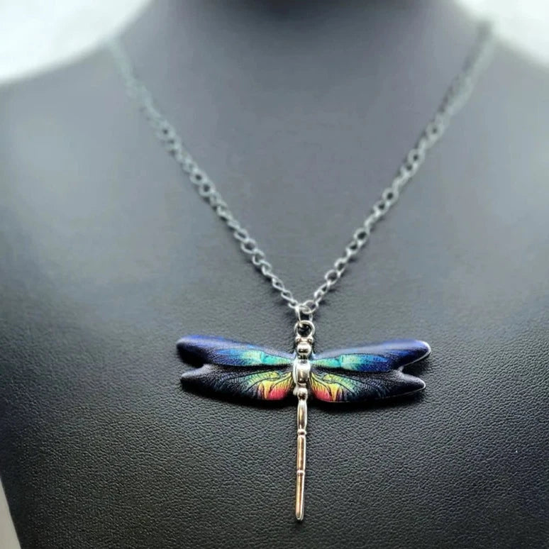 Small Silver Dragonfly Necklace with Blue & Turquoise Shades on Wings, Nature Themed Necklace, Bug Jewelry, Insect Necklace