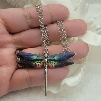 Small Silver Dragonfly Necklace with Blue & Turquoise Shades on Wings, Nature Themed Necklace, Bug Jewelry, Insect Necklace