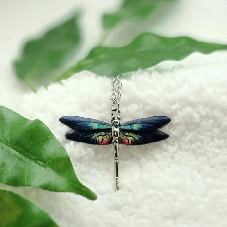 Small Silver Dragonfly Necklace with Blue & Turquoise Shades on Wings, Nature Themed Necklace, Bug Jewelry, Insect Necklace