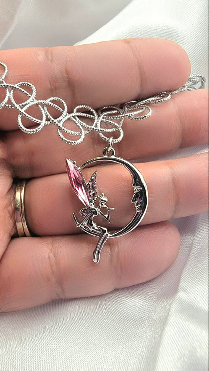 Pendentif en strass fée et lune, tour de cou de tatouage en argent extensible, bijoux nostalgiques des années 90, mélange moderne de style de conte de fées fantaisiste enchanteur