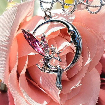 Fairy & Moon Rhinestone Pendant, Stretchable Silver Tattoo Choker, 90s Nostalgia Jewelry, Enchanting Whimsical Fairy-Tale Style