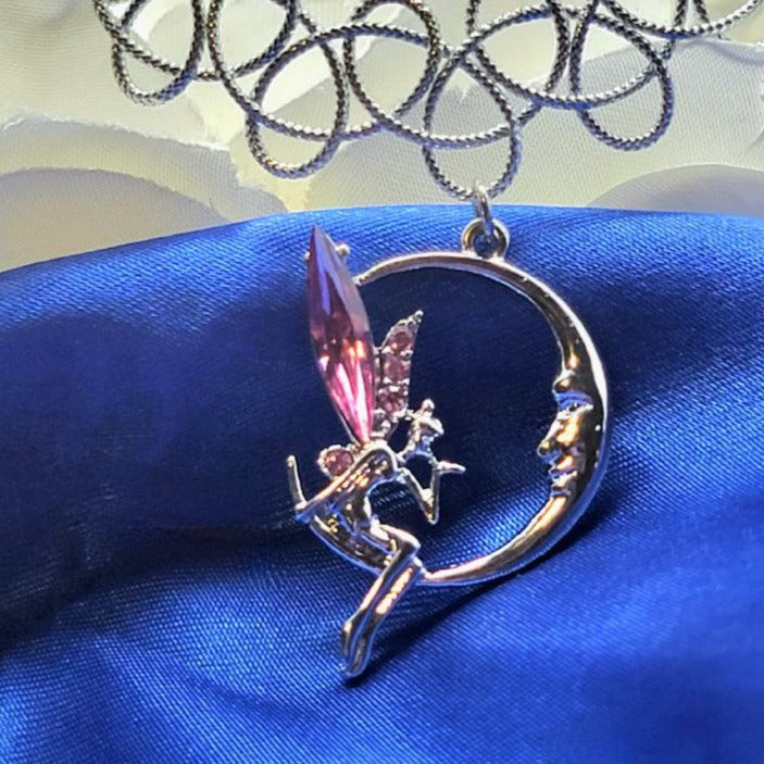 Fairy & Moon Rhinestone Pendant, Stretchable Silver Tattoo Choker, 90s Nostalgia Jewelry, Enchanting Whimsical Fairy-Tale Style