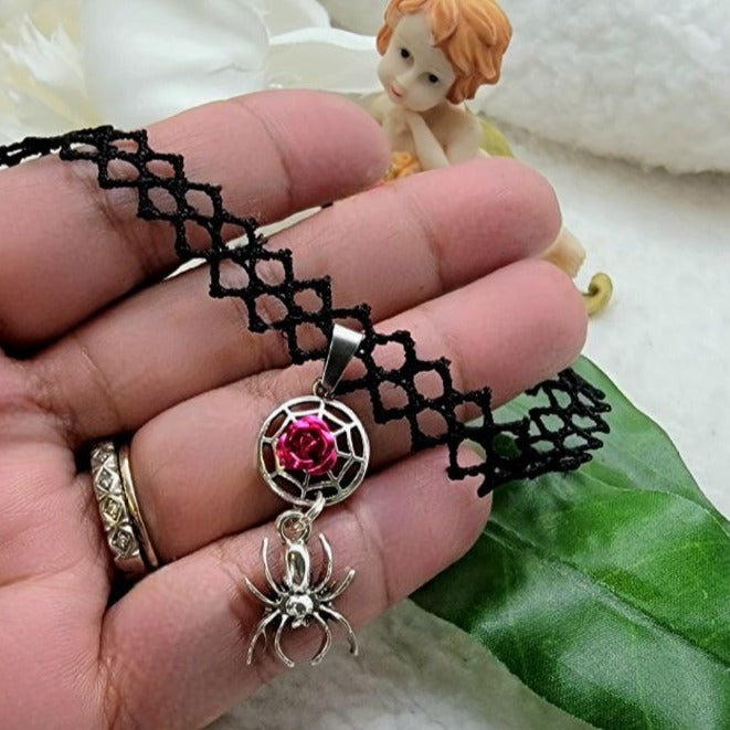 Small Spider Choker, Cobweb Lace Necklace, Unique Halloween Accessory, Creepy Cute Jewelry, Spooky Fashion, Handmade Gothic Style Choker