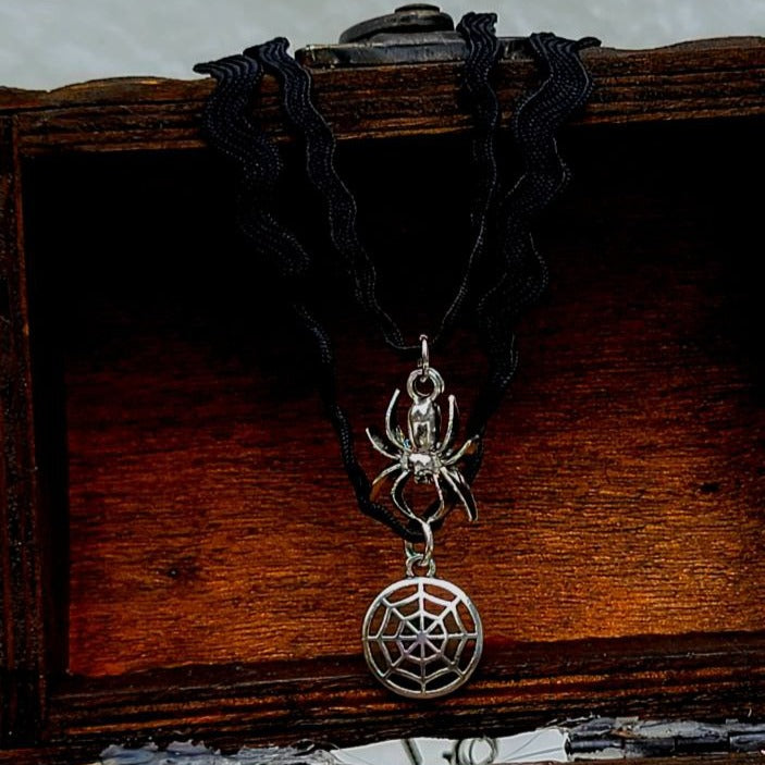 Spider Crawling Into Cobweb Choker, Halloween Must Have Necklace, Macabre Charm, Creepy Chic Accessory, Dark Aesthetic Jewelry, Horror-Themed