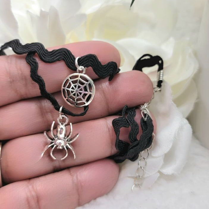 Spider Crawling Into Cobweb Choker, Halloween Must Have Necklace, Macabre Charm, Creepy Chic Accessory, Dark Aesthetic Jewelry, Horror-Themed