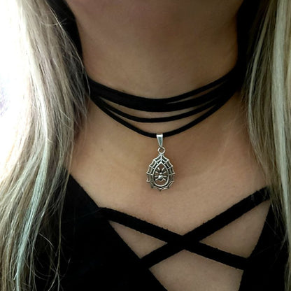 Silver Spider in Cobweb Multi-Strand Choker, Mystical Nature-Inspired Necklace, Alternative Design Jewelry