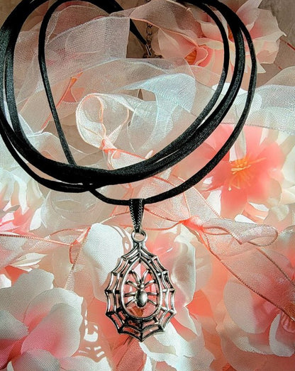 Silver Spider in Cobweb Multi-Strand Choker, Mystical Nature-Inspired Necklace, Alternative Design Jewelry