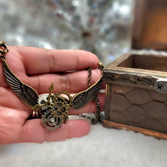 Steampunk Aviator Winged Gear Pendant Necklace, Unique Artistic Design Jewelry, Industrial Style Pendant, Gift for Pilot, Mechanical Accessory