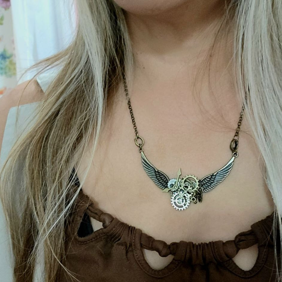 Steampunk Aviator Winged Gear Pendant Necklace, Unique Artistic Design Jewelry, Industrial Style Pendant, Gift for Pilot, Mechanical Accessory