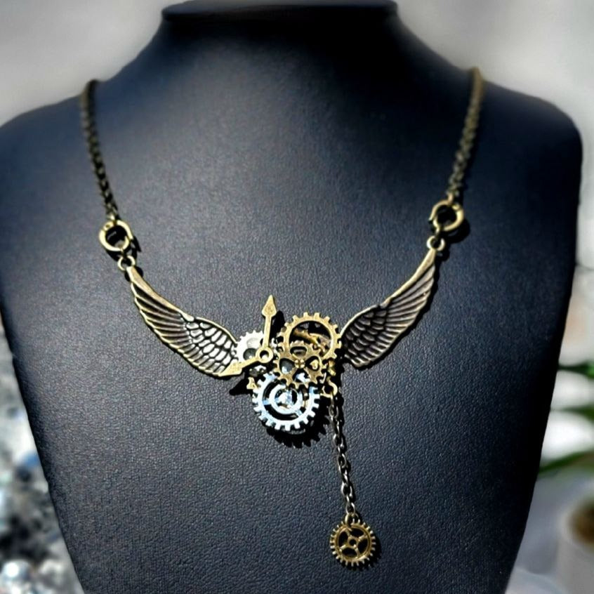 Steampunk Aviator Winged Gear Pendant Necklace, Unique Artistic Design Jewelry, Industrial Style Pendant, Gift for Pilot, Mechanical Accessory