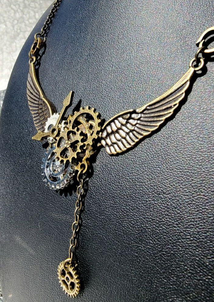 Steampunk Aviator Winged Gear Pendant Necklace, Unique Artistic Design Jewelry, Industrial Style Pendant, Gift for Pilot, Mechanical Accessory