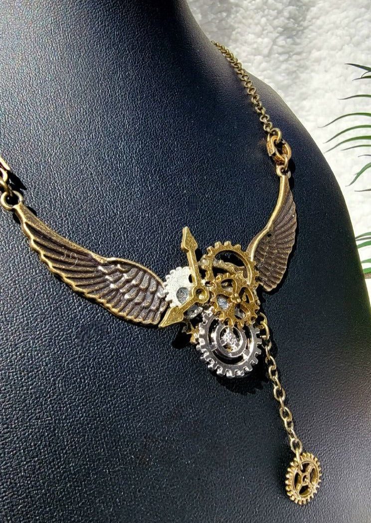 Steampunk Aviator Winged Gear Pendant Necklace, Unique Artistic Design Jewelry, Industrial Style Pendant, Gift for Pilot, Mechanical Accessory