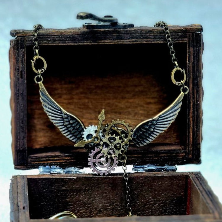 Steampunk Aviator Winged Gear Pendant Necklace, Unique Artistic Design Jewelry, Industrial Style Pendant, Gift for Pilot, Mechanical Accessory