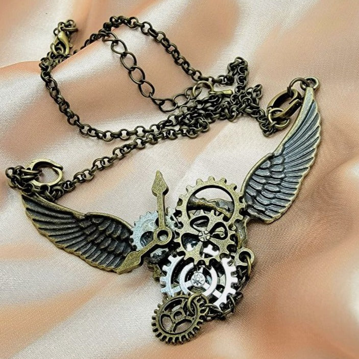 Steampunk Aviator Winged Gear Pendant Necklace, Unique Artistic Design Jewelry, Industrial Style Pendant, Gift for Pilot, Mechanical Accessory