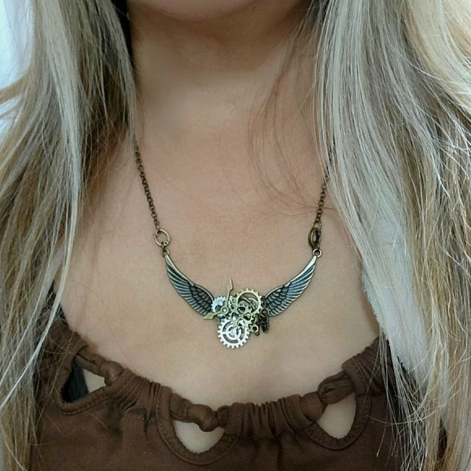 Steampunk Aviator Winged Gear Pendant Necklace, Unique Artistic Design Jewelry, Industrial Style Pendant, Gift for Pilot, Mechanical Accessory