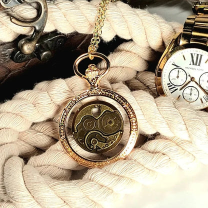 Elegant Victorian Style Steampunk Gear Necklace, Golden Pocket Watch Designed Pendant