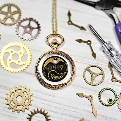 Elegant Victorian Style Steampunk Gear Necklace, Golden Pocket Watch Designed Pendant