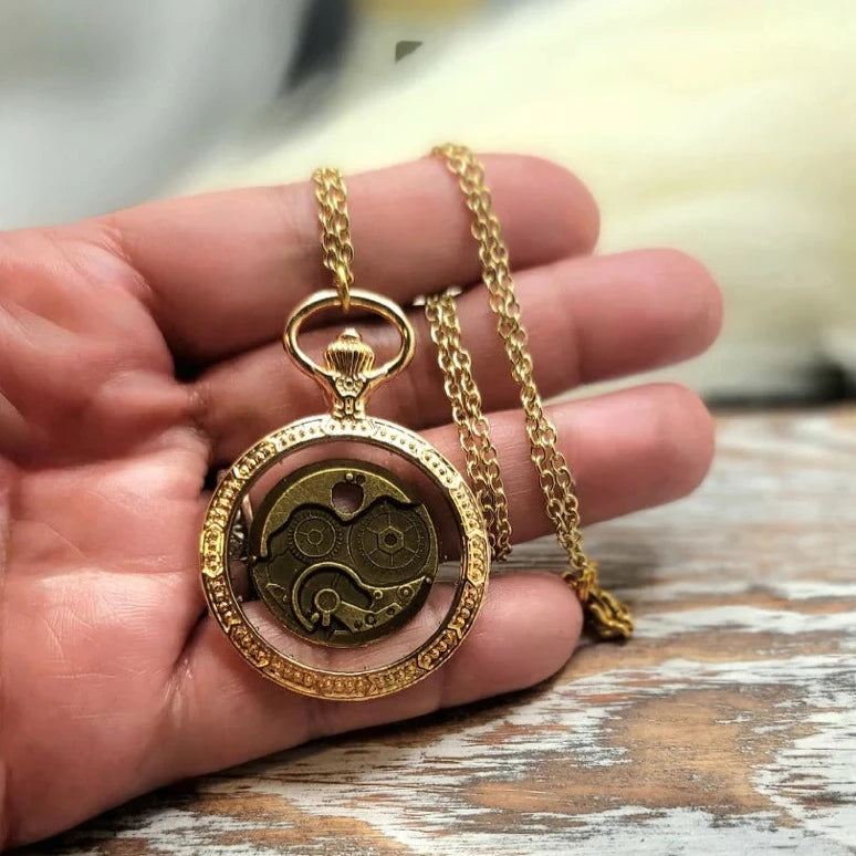 Elegant Victorian Style Steampunk Gear Necklace, Golden Pocket Watch Designed Pendant