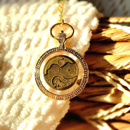 Elegant Victorian Style Steampunk Gear Necklace, Golden Pocket Watch Designed Pendant