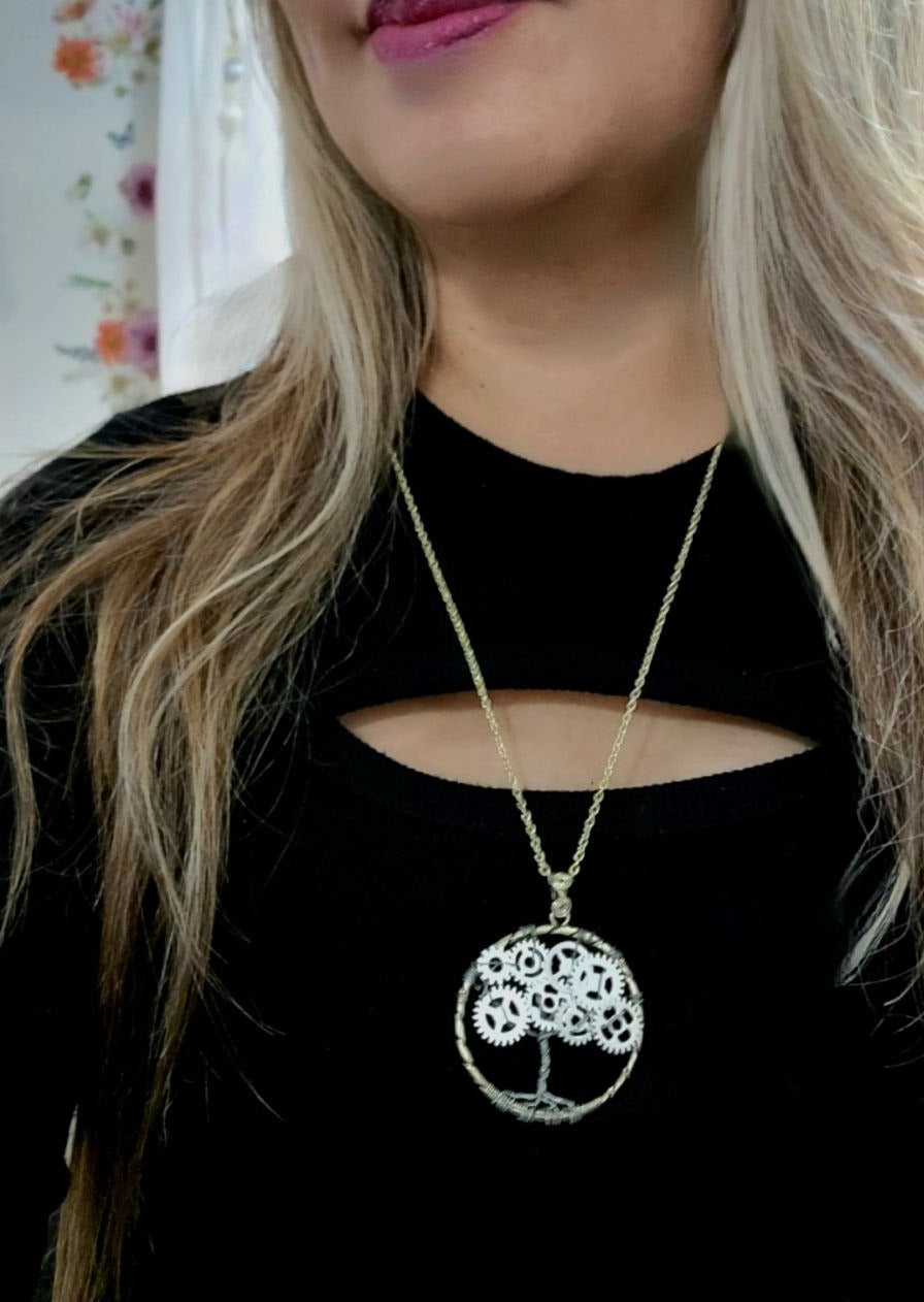 Steampunk Tree of Life Necklace, Handmade Jewelry, Industrial Style Pendant, Vintage Design Accessory, Custom-Made Piece, Minimalist Charm