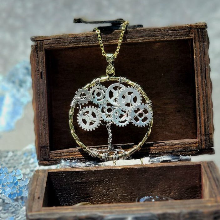 Steampunk Tree of Life Necklace, Handmade Jewelry, Industrial Style Pendant, Vintage Design Accessory, Custom-Made Piece, Minimalist Charm