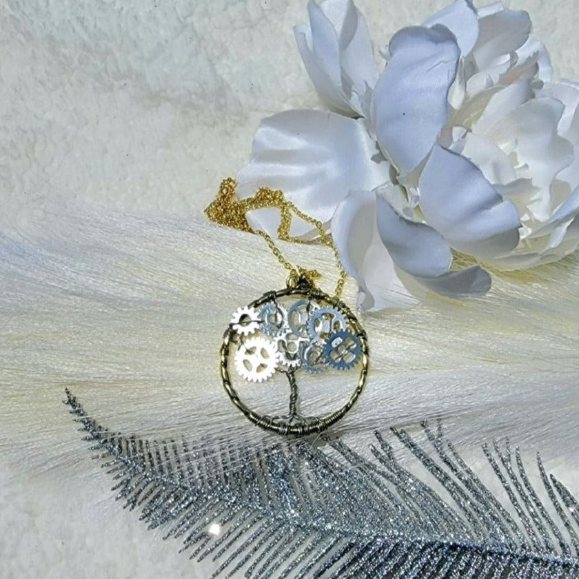 Steampunk Tree of Life Necklace, Handmade Jewelry, Industrial Style Pendant, Vintage Design Accessory, Custom-Made Piece, Minimalist Charm