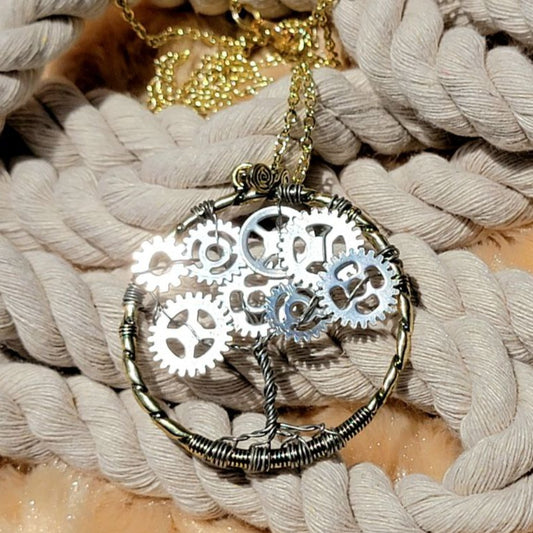 Steampunk Tree of Life Necklace, Handmade Jewelry, Industrial Style Pendant, Vintage Design Accessory, Custom-Made Piece, Minimalist Charm