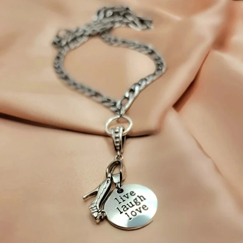 Stiletto Heels Charm on Figaro Silver Necklace, Live Love Laugh Inspirational Word Jewelry, High Heel Pendant, Motivational Jewelry, Women Empowerment