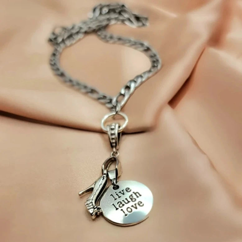 Stiletto Heels Charm on Figaro Silver Necklace, Live Love Laugh Inspirational Word Jewelry, High Heel Pendant, Motivational Jewelry, Women Empowerment