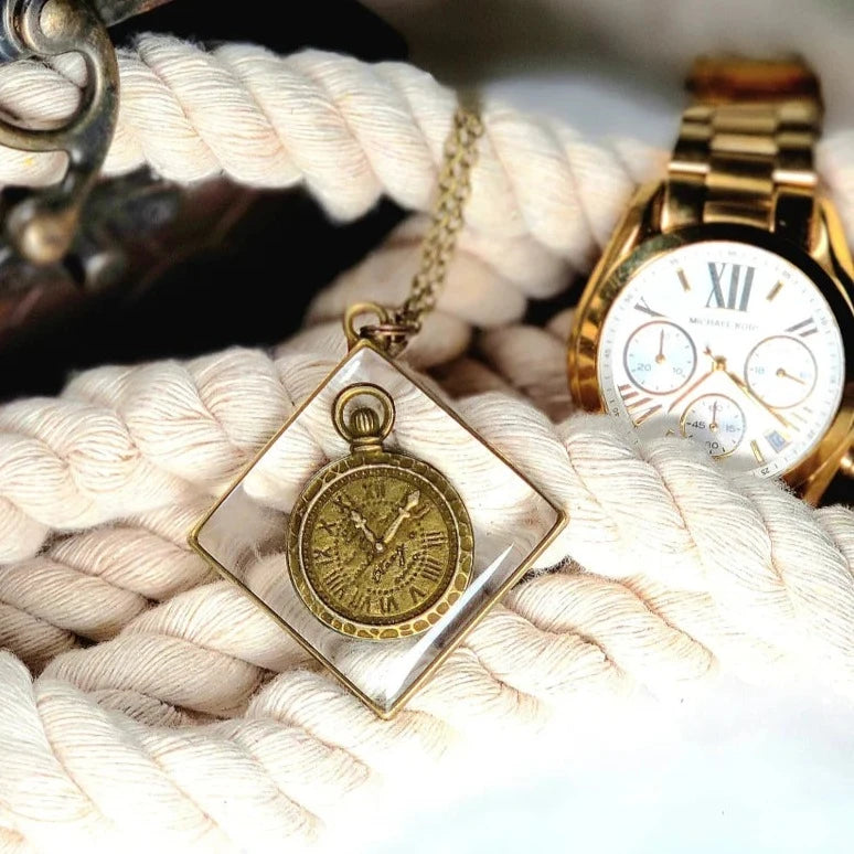 Time-Themed Victorian Inspired Steampunk Necklace, Elegant Art Pendant, Antique Bronze Stopwatch Jewelry, Timekeeper Accessory, Resin Sealed Art