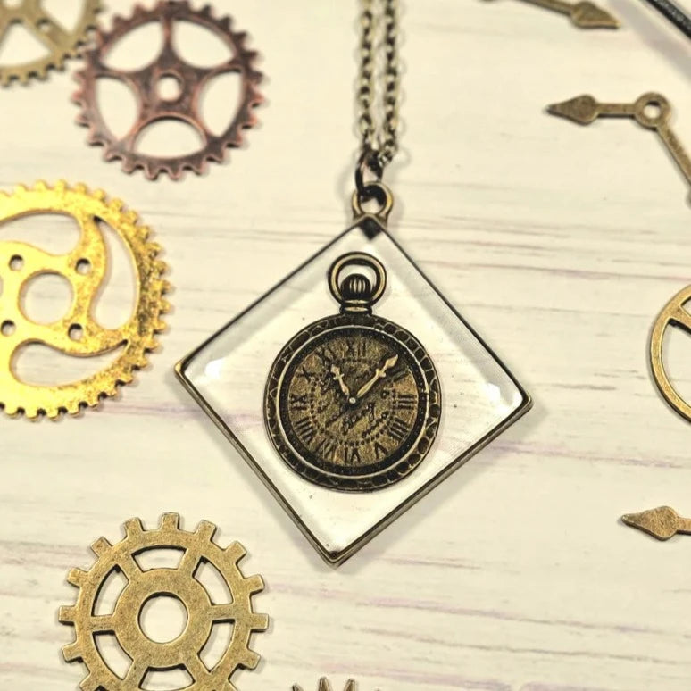 Time-Themed Victorian Inspired Steampunk Necklace, Elegant Art Pendant, Antique Bronze Stopwatch Jewelry, Timekeeper Accessory, Resin Sealed Art