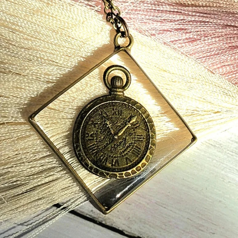 Time-Themed Victorian Inspired Steampunk Necklace, Elegant Art Pendant, Antique Bronze Stopwatch Jewelry, Timekeeper Accessory, Resin Sealed Art