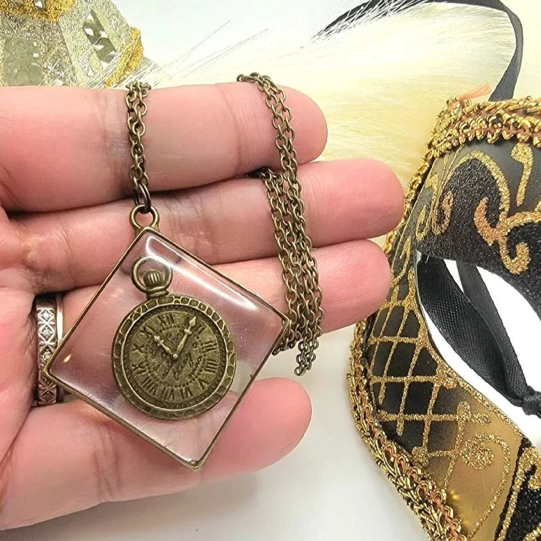 Time-Themed Victorian Inspired Steampunk Necklace, Elegant Art Pendant, Antique Bronze Stopwatch Jewelry, Timekeeper Accessory, Resin Sealed Art