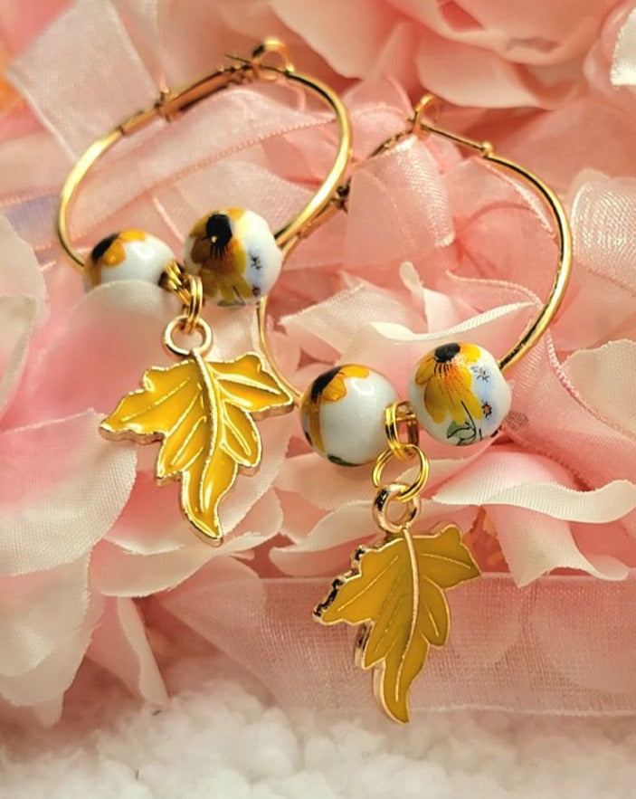 Bright & Eye-Catching Sunflower Hoop Earrings, Autumn Leaf Dangles