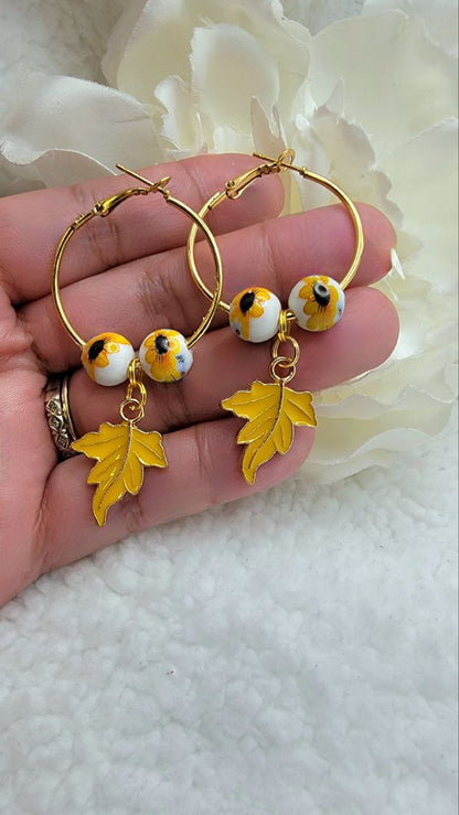 Bright & Eye-Catching Sunflower Hoop Earrings, Autumn Leaf Dangles