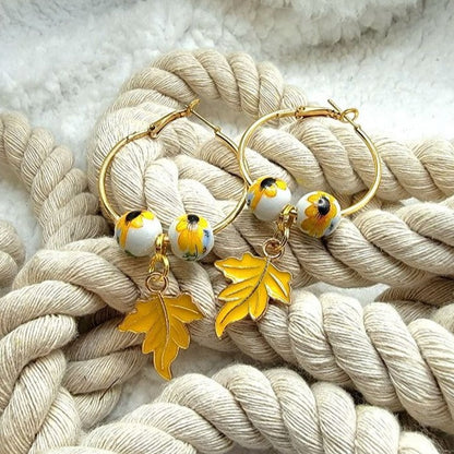 Bright & Eye-Catching Sunflower Hoop Earrings, Autumn Leaf Dangles