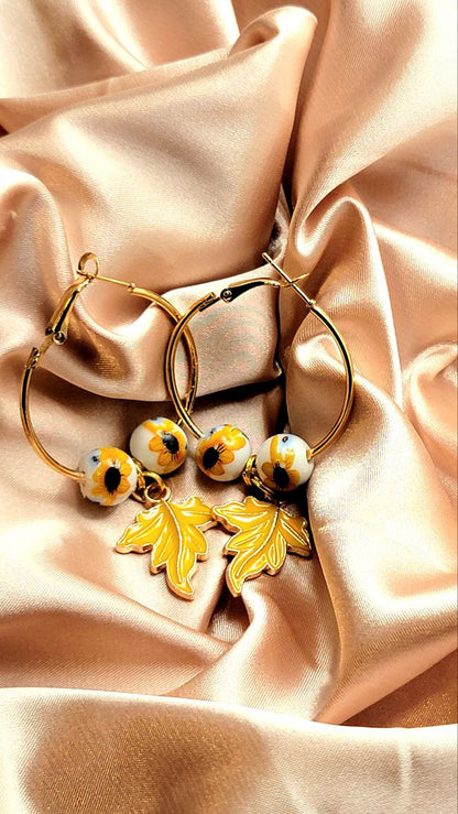 Bright & Eye-Catching Sunflower Hoop Earrings, Autumn Leaf Dangles