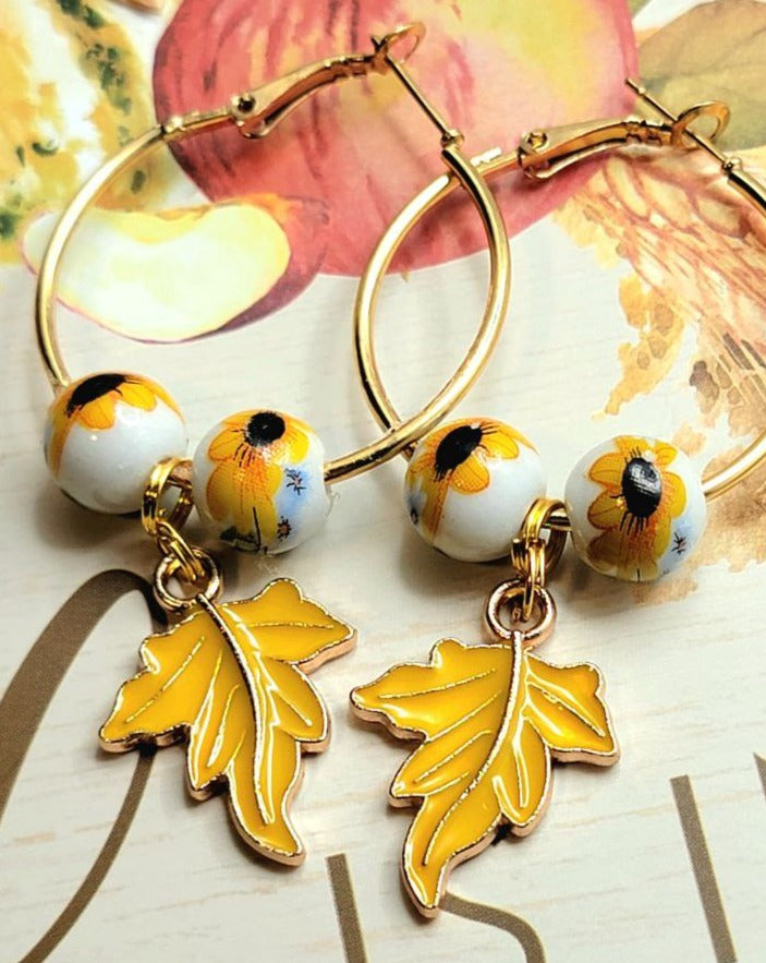 Bright & Eye-Catching Sunflower Hoop Earrings, Autumn Leaf Dangles