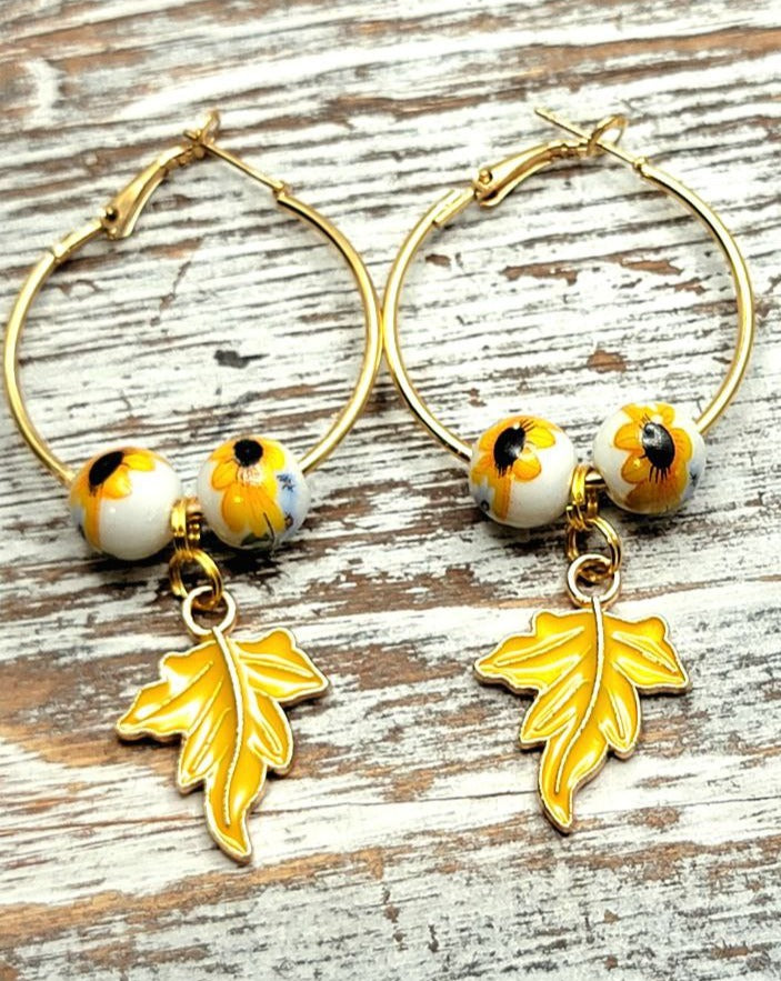 Bright & Eye-Catching Sunflower Hoop Earrings, Autumn Leaf Dangles