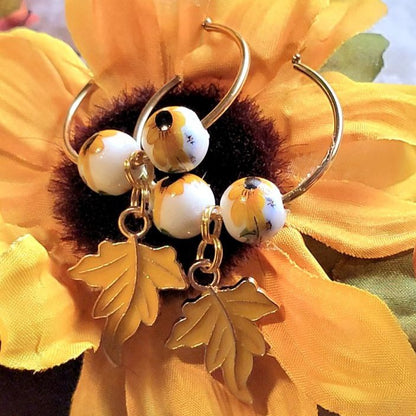 Bright & Eye-Catching Sunflower Hoop Earrings, Autumn Leaf Dangles