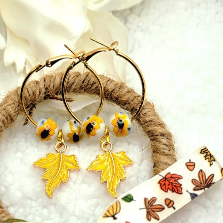 Bright & Eye-Catching Sunflower Hoop Earrings, Autumn Leaf Dangles