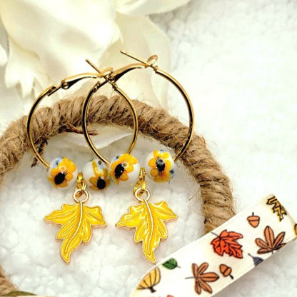 Bright & Eye-Catching Sunflower Hoop Earrings, Autumn Leaf Dangles