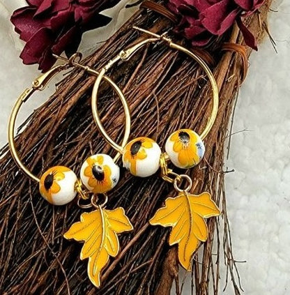 Boucles d’oreilles en cerceau de tournesol lumineuses et accrocheuses, pendentifs de feuilles d’automne, accessoire saisonnier céruléen, bijoux inspirés de la nature, Boho Chic unique