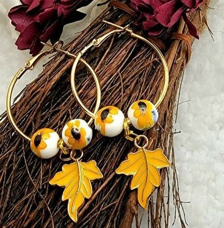 Bright & Eye-Catching Sunflower Hoop Earrings, Autumn Leaf Dangles