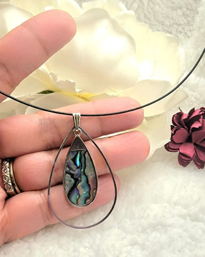 Multicolored Shell Teardrop Choker, Mystical Blue & Green Swirl Pendant, Minimalist Black Wire Necklace