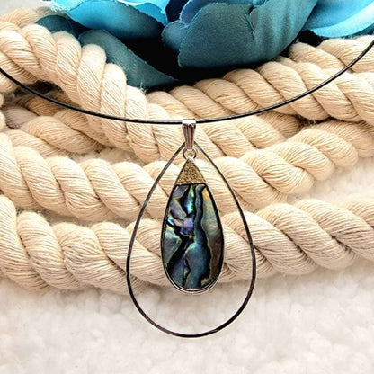 Multicolored Shell Teardrop Choker, Mystical Blue & Green Swirl Pendant, Minimalist Black Wire Necklace