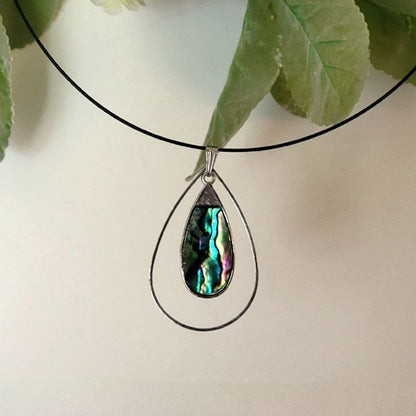 Multicolored Shell Teardrop Choker, Mystical Blue & Green Swirl Pendant, Minimalist Black Wire Necklace