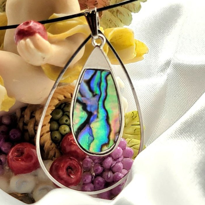 Multicolored Shell Teardrop Choker, Mystical Blue & Green Swirl Pendant, Minimalist Black Wire Necklace